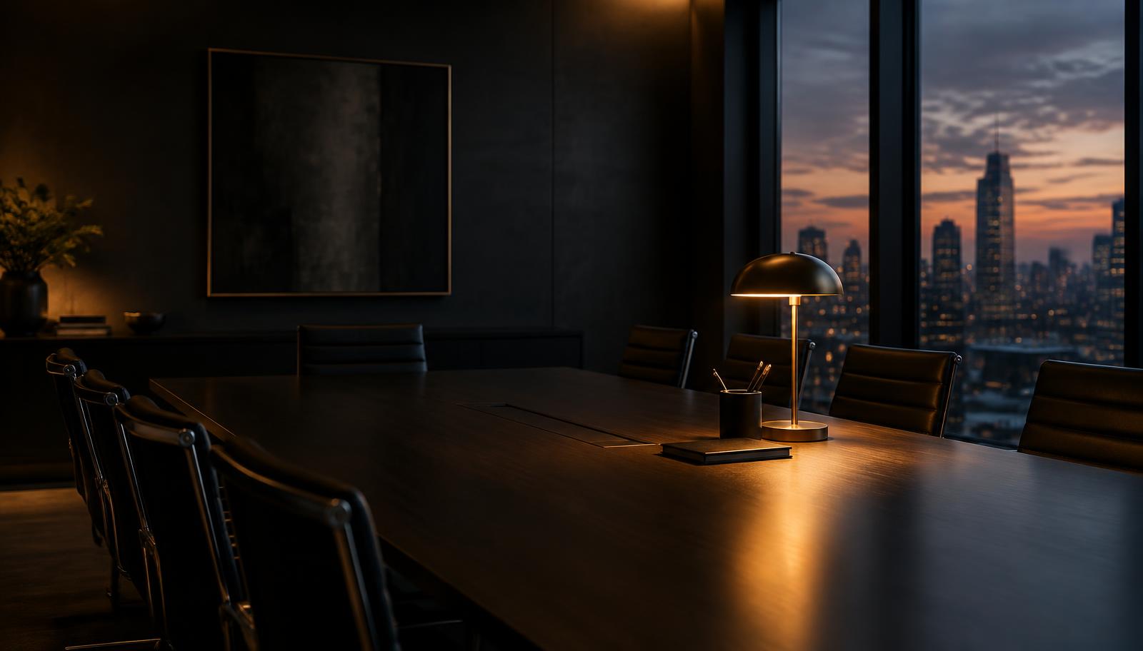 Dark boardroom at dusk with a single gold desk lamp lighting an empty conference table